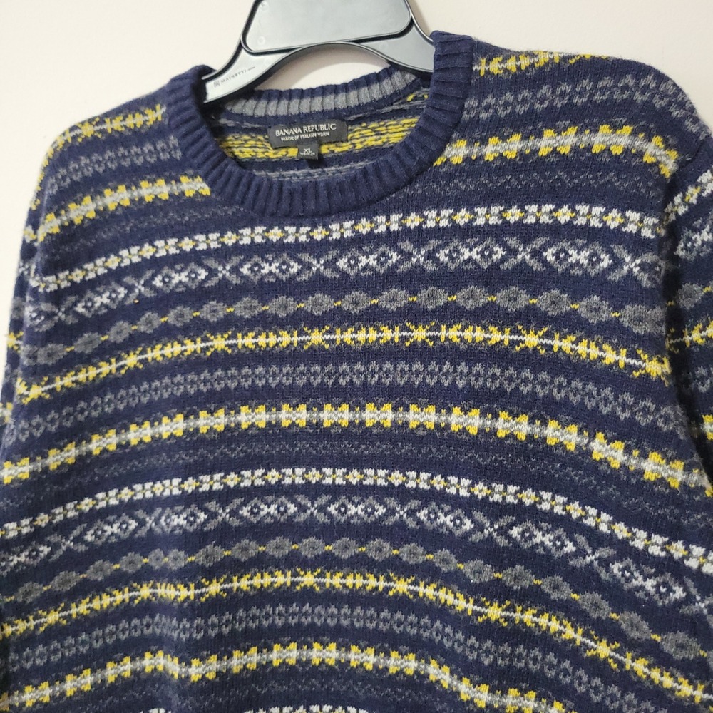 Banana Republic Sweater Mens XL Navy Fair Isle Merino Wool Crewneck Italian Yarn